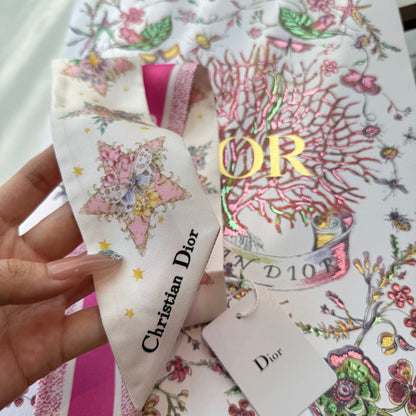 CD Twilly Mini Scarf 105cm White Dark Pink Mulberry Silk 969064
