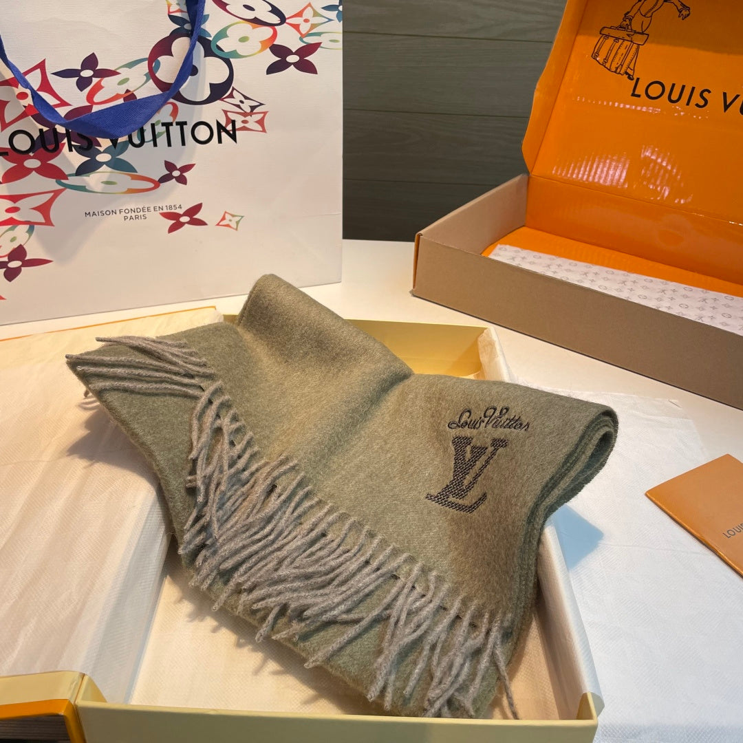 LV Men's Scarf 180cm Olive Green Wool Cashmere 978828