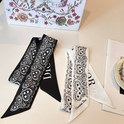 CD Twilly Mini Scarf 105cm Black White Mulberry Silk 968856