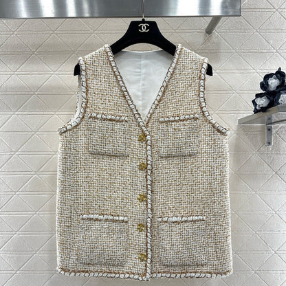 CC 26 Vest With Gold-colored Buttons Beige Tweed Fabric