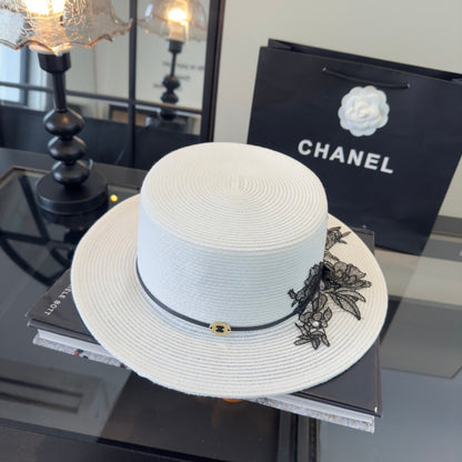 Chanel Flat-top White Black Straw Hat 269024