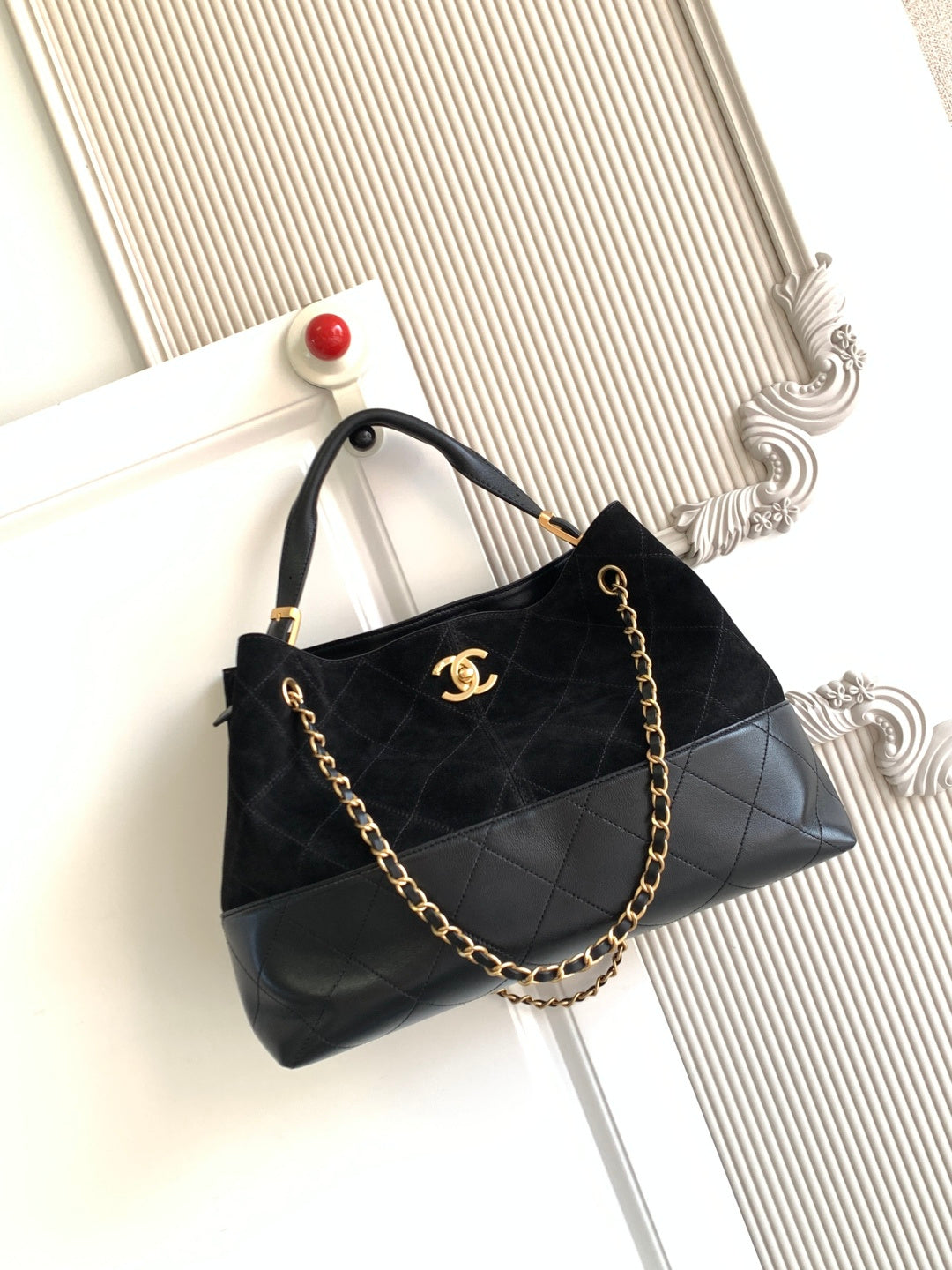 Chanel 2026 Stitched Shopping Bag 36cm Black Suede Calfskin 348237