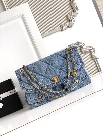 Chanel 2026 Classic Flap Bag 45cm Blue Denim Fabric Gold Hardware