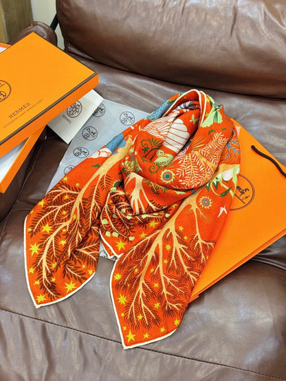 HM 25s Scarf 140cm Orange Colorful Cashmere Silk 962470