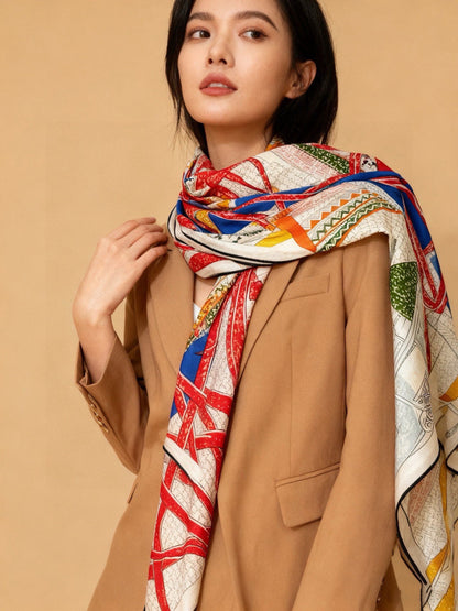 HM 25s Essential Scarf 140cm Red Colorful Cashmere Silk 967422