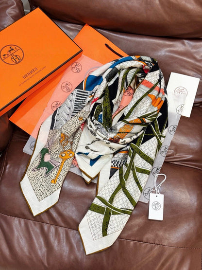 HM 25s Essential Scarf 140cm Green Colorful Cashmere Silk 967425