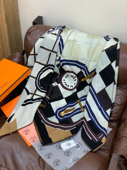 HM 25s Checkered Horse Scarf 140cm Blach White Cashmere Silk 970934
