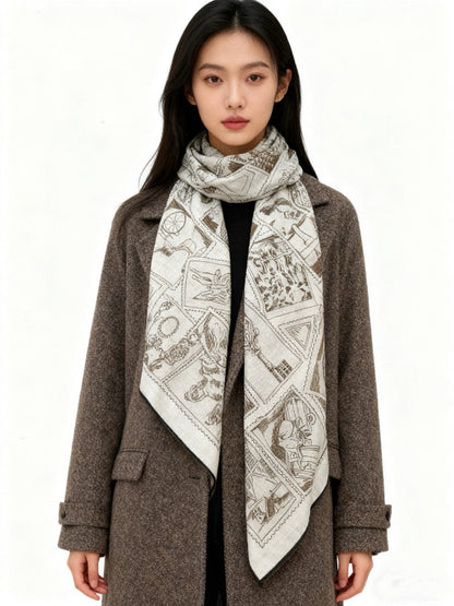 HM 25s Velvet Square Scarf 140cm Light Brown White Cashmere Silk 970936