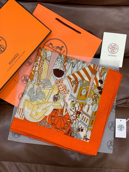 HM 25s The King Scarf 140cm Orange Multicolor Cashmere 973041