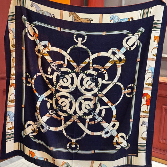 HM 25s Golden Spurs Scarf 140cm Navy Blue Cashmere 976283