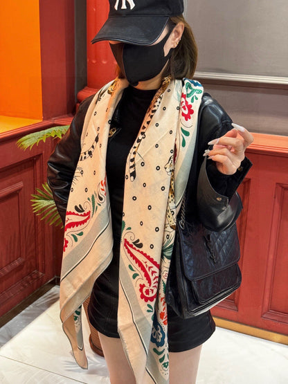 HM 25s Jungle Love Scarf 140cm Beige Blue Cashmere 976288