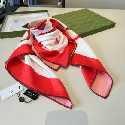 GG Signature Floral Scarf 90CM  White Red Twill Silk 280694