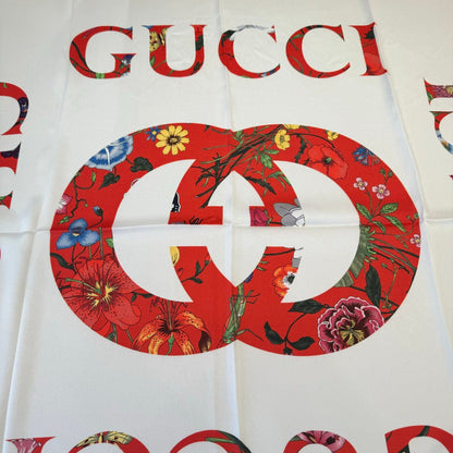 GG Signature Floral Scarf 90CM  White Red Twill Silk 280694