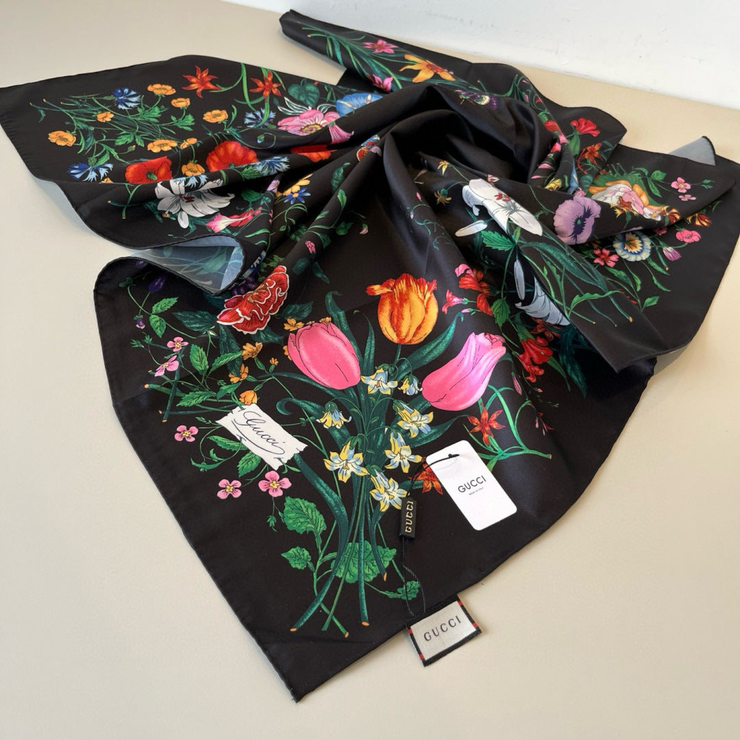 GG Scarf 90CM  Multi-Colored Floral Mulberry Silk 286775
