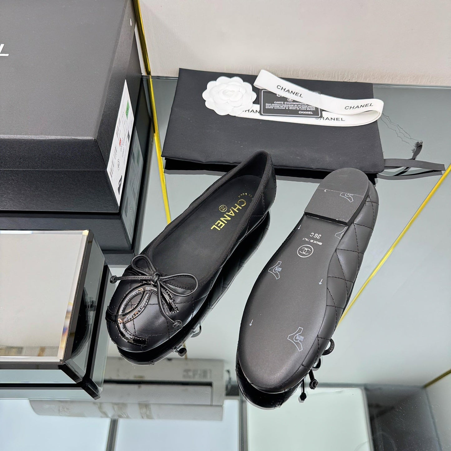 CC 25 Cambon Ballet Flat Black Quilted Calfskin