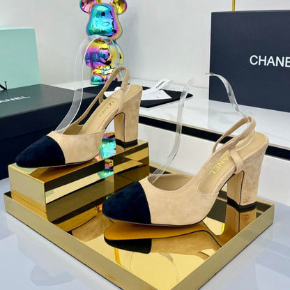 Chanel Slingback 90mm Light Beige Black Suede 469669