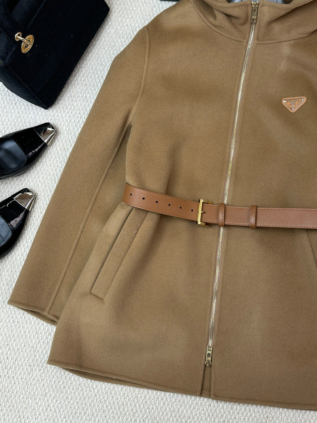 Prada 25 Mid-length Hooded Coat Camel Brown Wool 637354