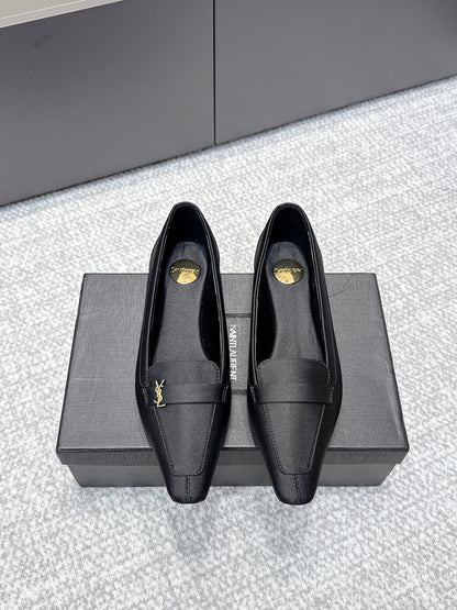 YSL 26ss Square Toe Loafers Taupe Satin Leather