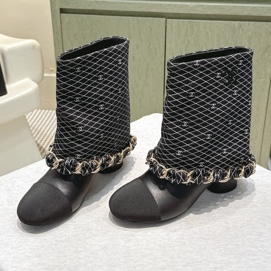 CC 25 Short Boot Black Denim Fabric Calfskin 515267