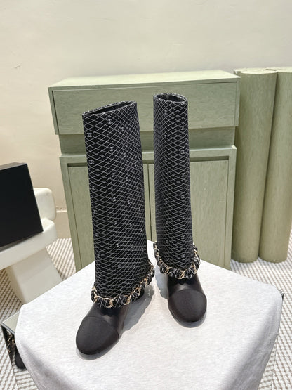 CC 25 Long Boot Black Denim Fabric Calfskin 515272