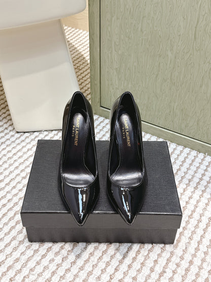 YSL 26ss High Heel Pumps 85 Black Patent Leather Sliver 654696