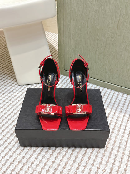 YSL 26ss High-Heeled Sandals 85 Red Black Patent Leather 654677