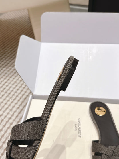 YSL 26ss  Flat Slippers Dark Gray Denim Leather 654728