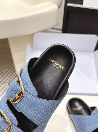 YSL 26ss Platform Slippers Black Blue Denim Leather 663209