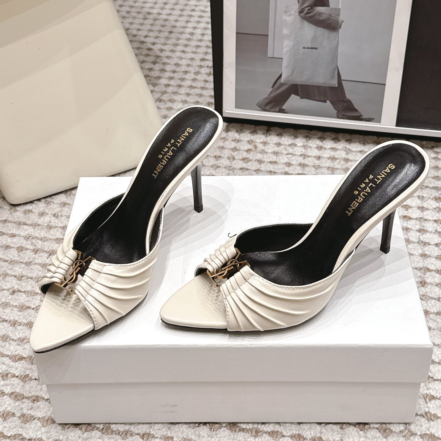 YSL 2026 Babylone Mules 90mm Cream mix Black Soft Cowhide 813423