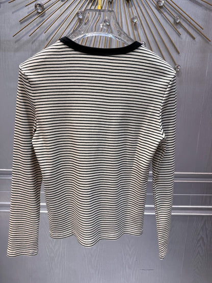 Celine 25  Striped Knitted Long-sleeved T-shirt White Black Cotton