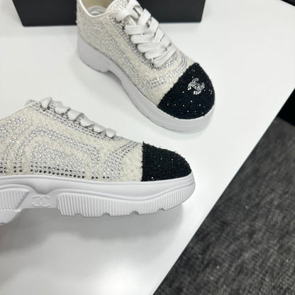 CC 26s Casual Sneakers Rhinestones Ivory Black Mesh Sheepskin 626361