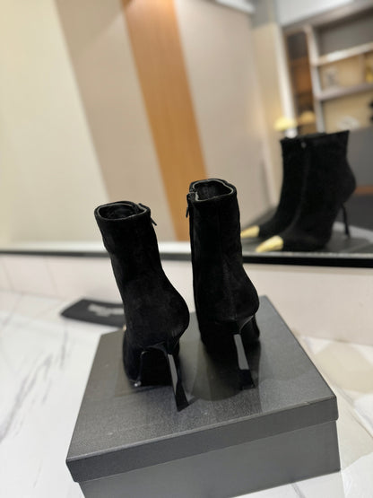YSL 25 Metal Toe Short Boot Black Gold Suede 520787