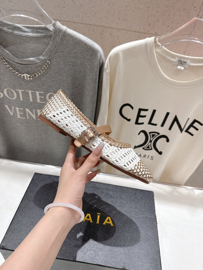 ALAIA MARY JANE FLATS white mix metallic champagne gold woven calfskin pattent