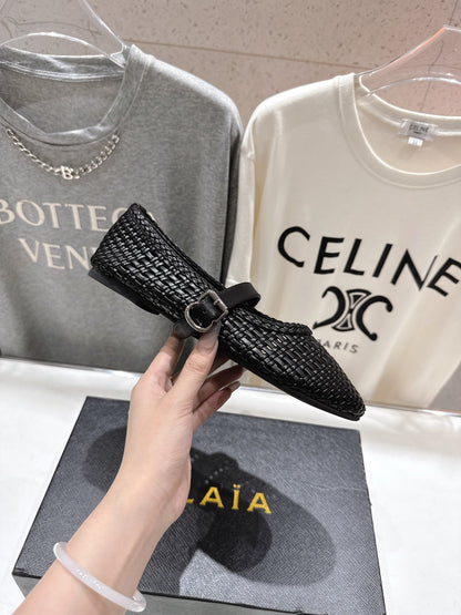 ALAIA MARY JANE FLATS black woven calfskin pattent