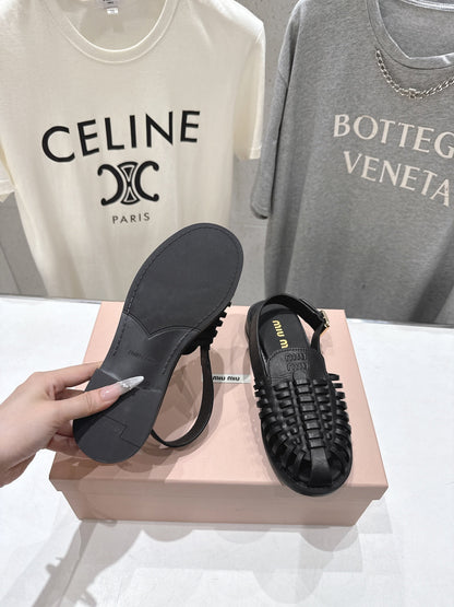Miumiu 26ss Flat Sandals Black Woven Cowhide 713123