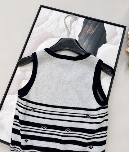 Chanel 2026 Striped Knit Vest Black White Wool Nylon