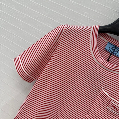 Prada 25 Striped Short-sleeved Knitted Top Red Cotton