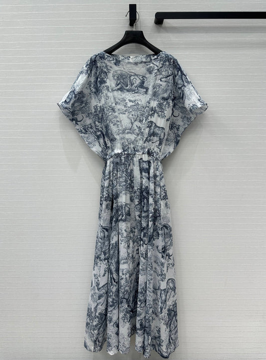 CD 25 Boat Neck Long Skirt Blue White Cotton