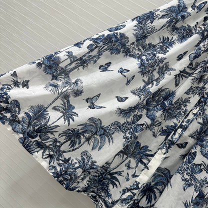 CD 25 Butterfly Coconut Print Shirt Dress White Blue Cotton