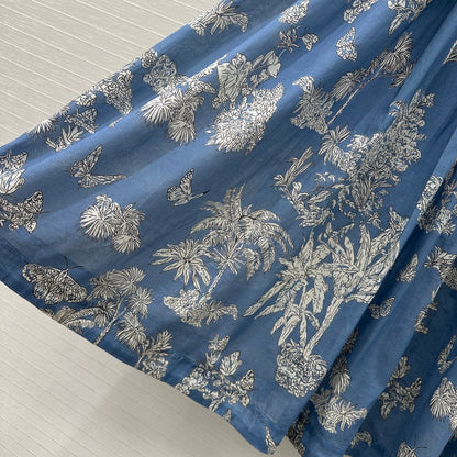 CD 25 Pleated Flared Forest Long Skirt Blue White Cotton