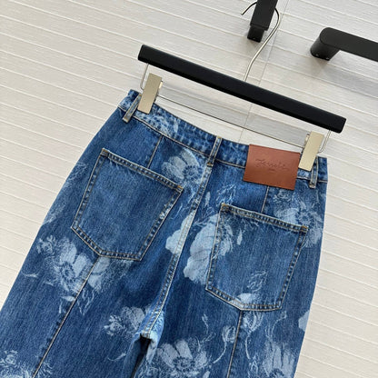 Fendi Flower Denim Straight Pants Blue Cotton