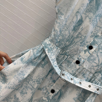 CD 25 Sauvage Jouy Print Button Dress Light Blue mix White Cotton