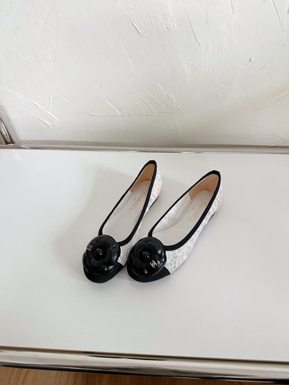 Ballet Flats White Lace Mesh Black Grosgrain Flower
