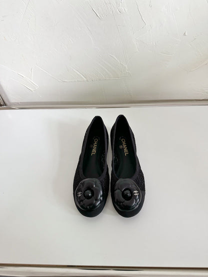 Ballet Flats Black Tweed Grosgrain Flower