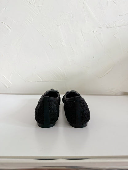 Ballet Flats Black Tweed Grosgrain Flower