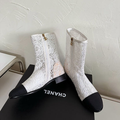 CC Boots Flower White Lace Mesh Black Grosgrain