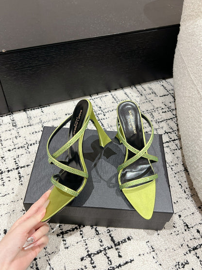 HIGH CRYSTAL STRAP SANDALS IN PEAR GREEN SILK
