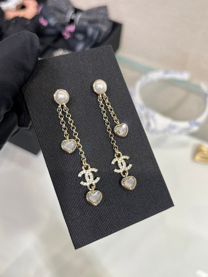 Chanel Light Gold Full Diamond Double C Heart Diamond Crystal Long Earrings