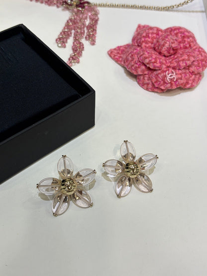 Chanel 2026 Gold Double C Transparent Flower Stud Earrings