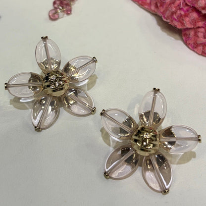 Chanel 2026 Gold Double C Transparent Flower Stud Earrings